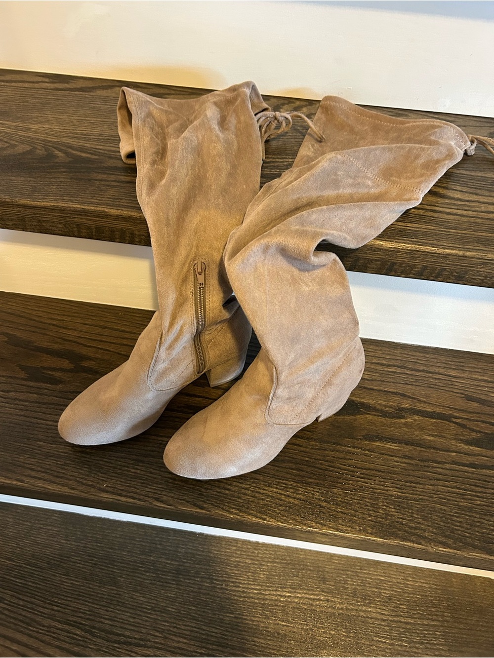Women’s Over-the-Knee Suede Boots in Taupe - Stylish Flat Heel